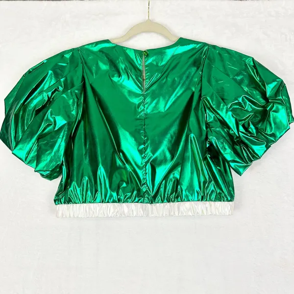 Queen of Sparkles Metallic Iridescent Puff Sleeve Crop Top Medium Green NWOT - Image 2