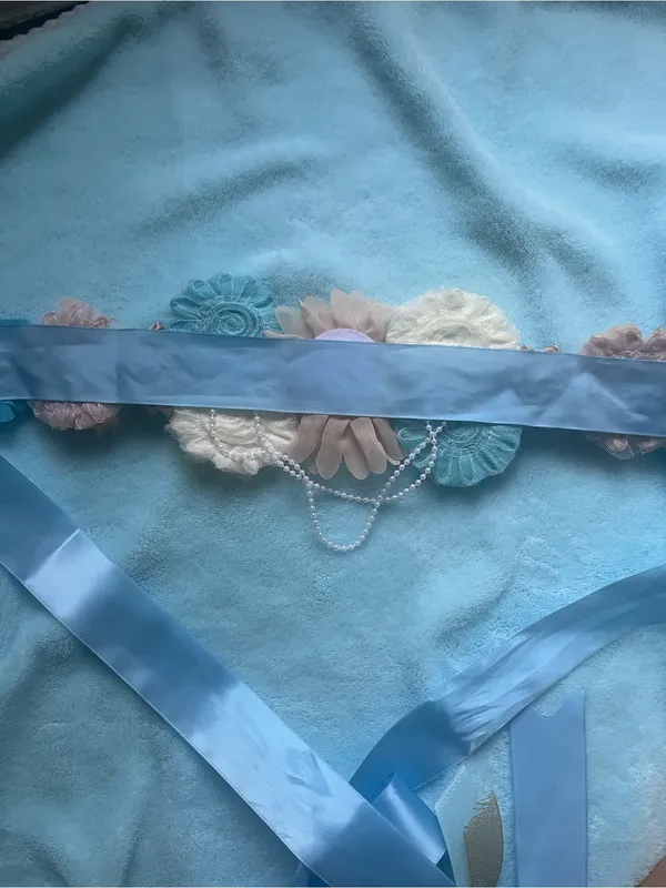 Floral Maternity Sash Belt and brooch in Blue, Cream & Tan - Image 6