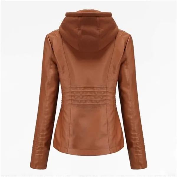 TAGOO Brown Faux Leather Jacket with Removable Hood. - Image 3