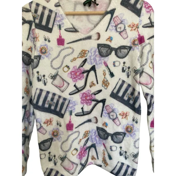 Tricotto V-Neck Sweater Lipstick Pearls Heels AOP Women's size Small Feminine - Image 4