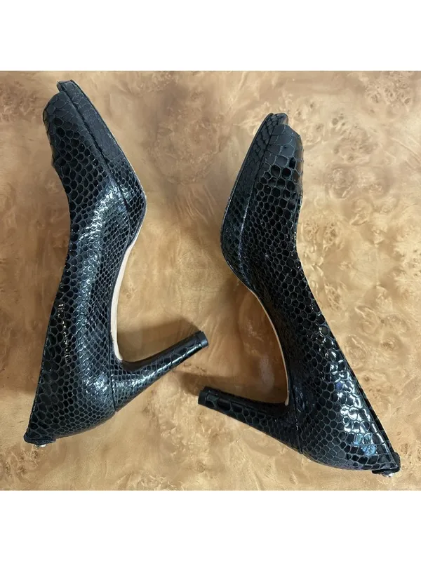 Stuart Weitzman Black Patent Reptile Embossed Peep Toe Pumps Heels 8 N - Image 5