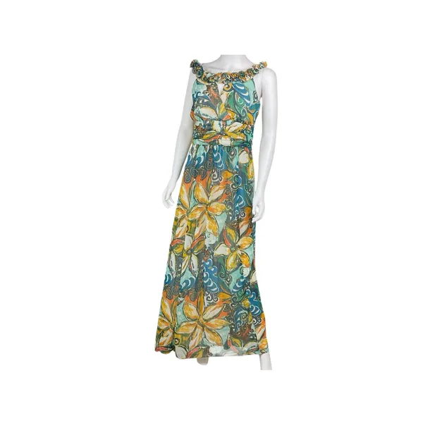 SANGRIA Lined Colorful FLORAL CHIFFON Gathered Neckline/Waist Zip MAXI Dress‎ 10 - Image 2