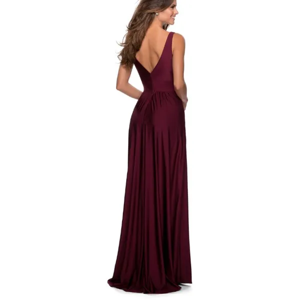 La Femme Plunge‎ Neck A-Line Gown 2 Burgundy 28547 Jersey - Image 2
