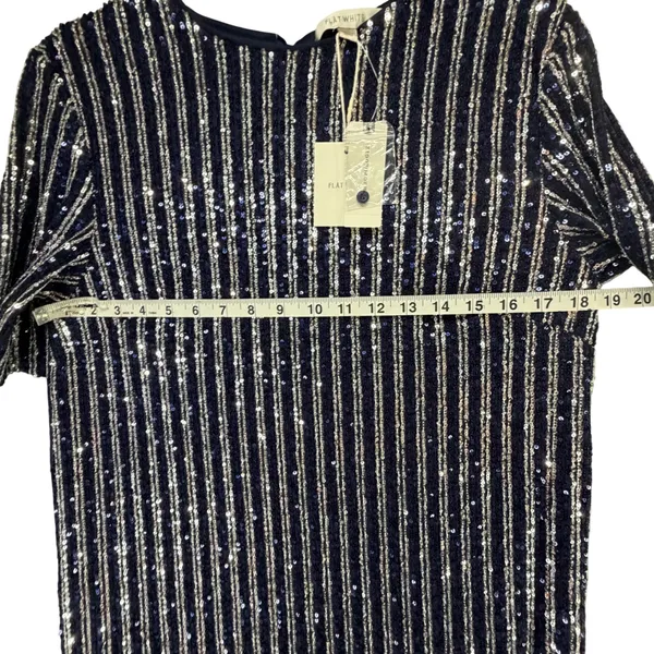 Anthropologie Flat White Sequin Stripe Midi Dress Womens M Blue Evening Cocktail - Image 8