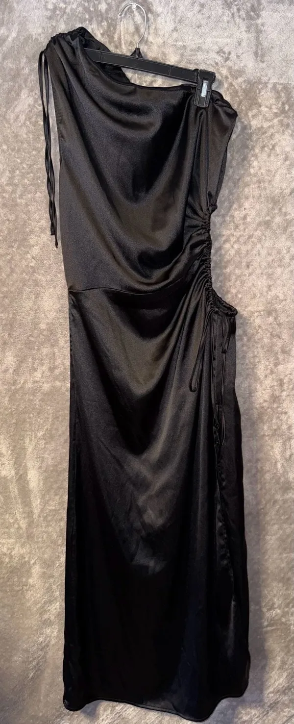 PRETTYGARDEN Black One Shoulder Satin Ruched Cutout Midi Dress Size L - Image 3