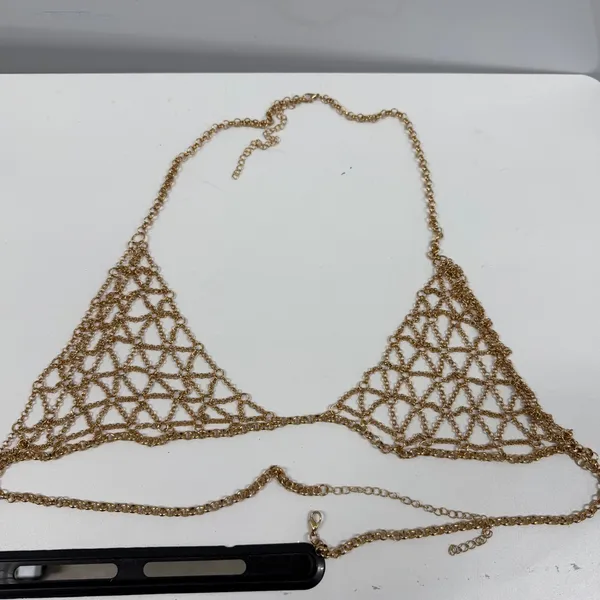 Gold Tone Geometric Chain Link Body Jewelry Halter Top Festival Rave Wear - Image 3