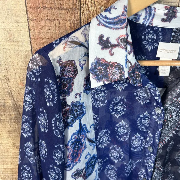 Chico's Blue Paisley Sheer Button Up Roll Tab Sleeve Front Tie Top Size 1 Boho - Image 2
