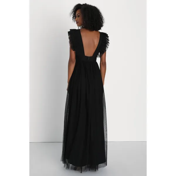 NWT Lulus Simply Delighted Black Mesh Ruffle Backless Maxi Dress Whimsigoth Sz L - Image 3