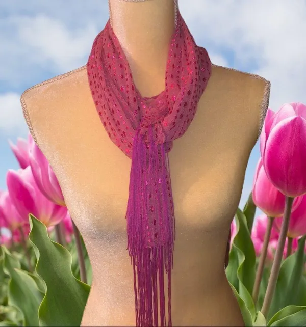 Pink sheer scarf with fringe - Image 3