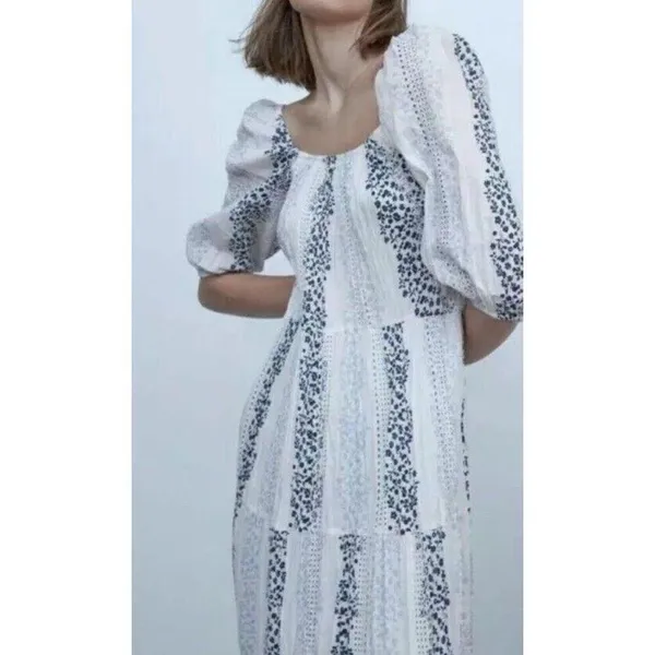 ✨ZARA Bloggers Favorite Printed & Embroidered blue white maxi Sz Medium dress✨ - Image 4