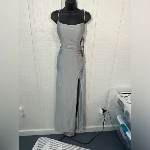 La Femme Silver Spaghetti Strap Backless Dress Size 2 NWT - Image 2