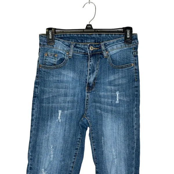 Unbranded Women's Jeans Distressed Frayed Hem Skinny Mid-Rise‎ Denim Blue Small - Image 2