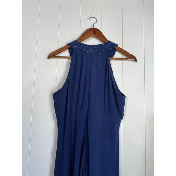 Jessica Howard Womens Evening Dress Blue Halter Beaded Neck & Waist Size 12 - Image 4