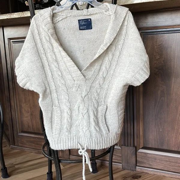 American Eagle Sweater Natural Oatmeal Oversized Cable knit Hoodie Womens XS S - Image 2