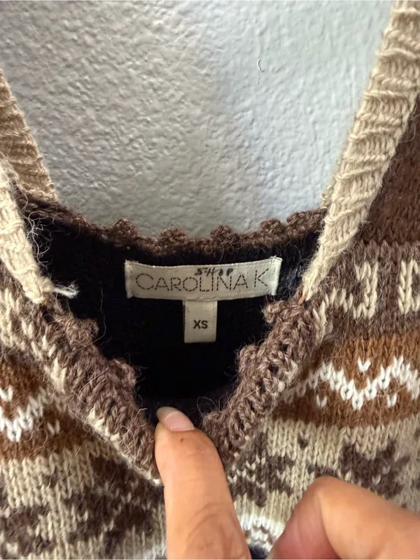 Carolina K XS Alpaca Merino Wool Fair Isle Babydoll Mini Dress Boho Cottagecore - Image 7