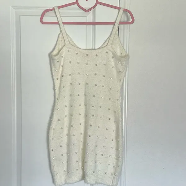 Pink Lily Small Ivory White Embellished Pearl Sweater Holiday Winter Mini Dress - Image 3