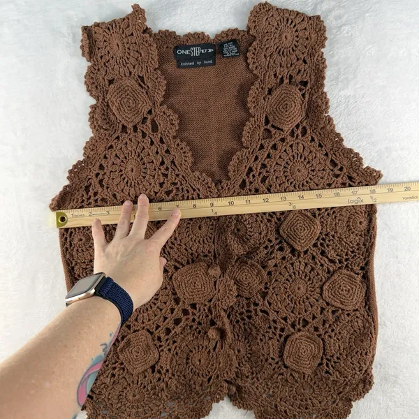 Vintage Hand Knitted OS Crochet Vest Boho‎ Cottage 90s Y2K Brown Earthy Hippie - Image 8