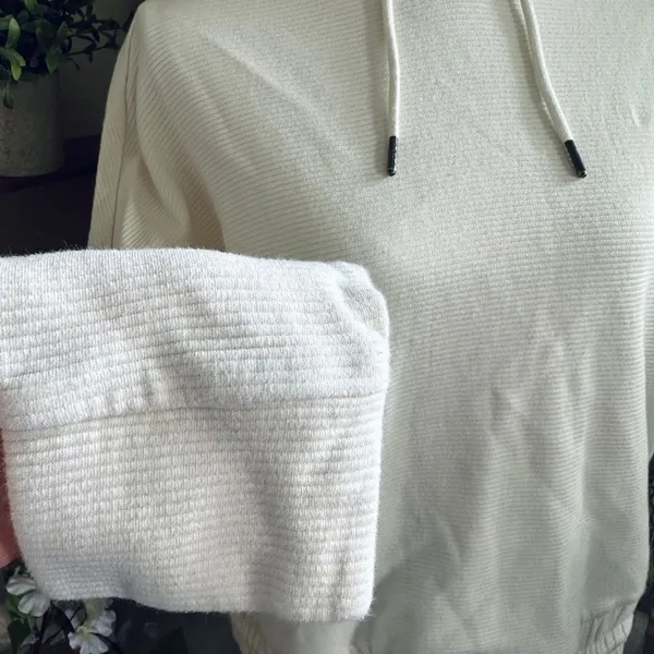Natural Reflections Cream Ribbed Pullover Smocked Tie Hem Hooded Sweatshirt - Image 4