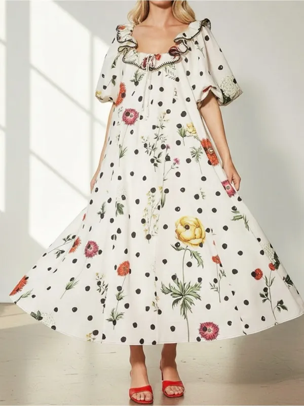 NEW ZOCO. Good Luck Puff Sleeve Dress, Polka Dot Floral, Large - Image 2