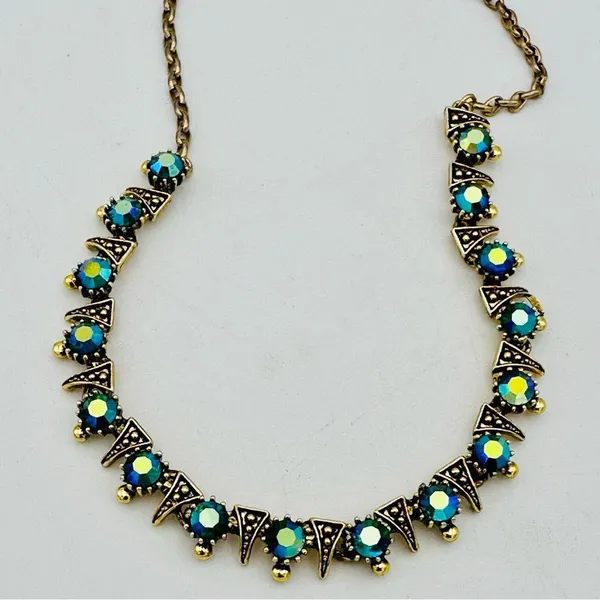 Vintage Blue/Green Borealis Crystal Rhinestone Dainty Necklace - Image 3