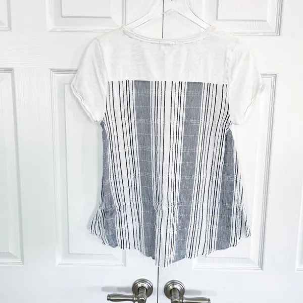 Little Yellow Button Anthropologie White Striped Mixed Media Top Lagenlook Artsy - Image 5