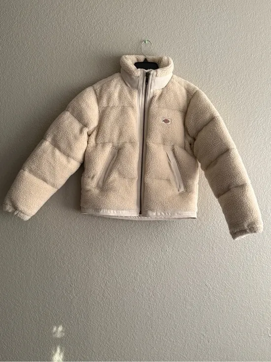 Dickies Sherpa Puffer Jacket Cream Teddy Fleece Zip Up Cozy Winter Coat - Image 5