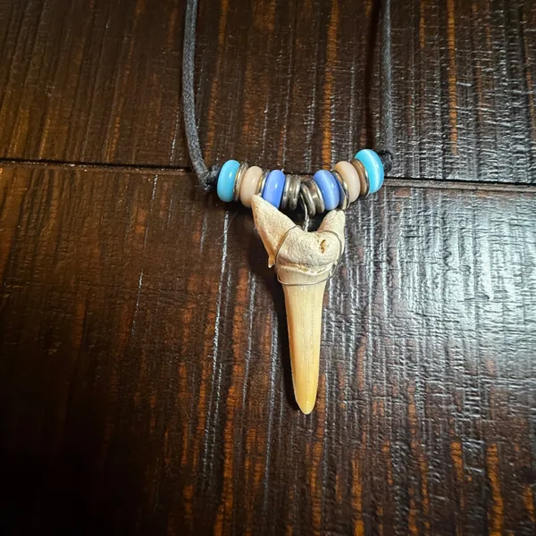 Shark Tooth Pendant Necklace Boho‎ Surf Style Beaded Black Cord Fossil Jewelry - Image 2