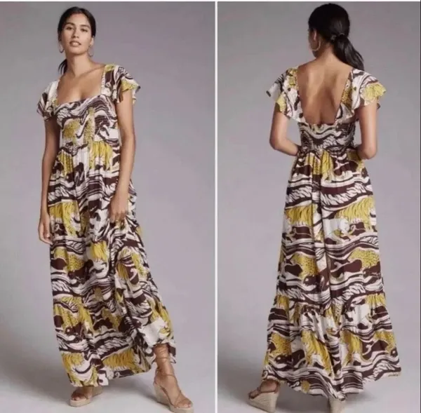 By Anthropologie Leopard Print ruffled maxi dress XL Smocking Flutter Sleeve #14 - Image 2