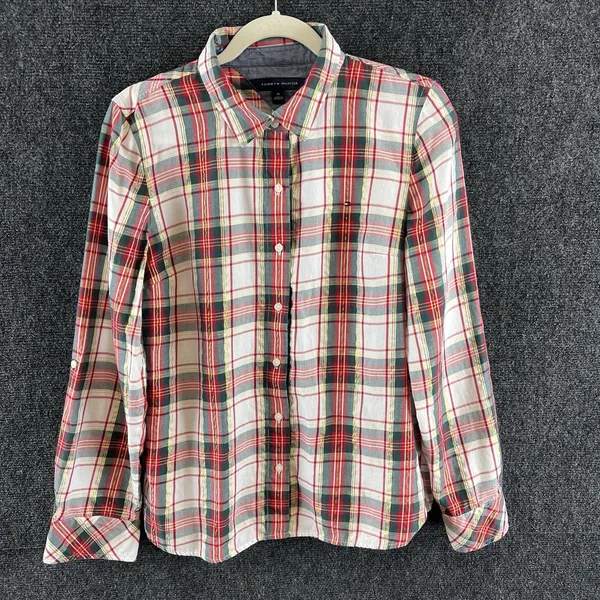 Tommy Hilfiger Women's Red Green Plaid Metallic Thread Roll-Tab Shirt Size M - Image 2