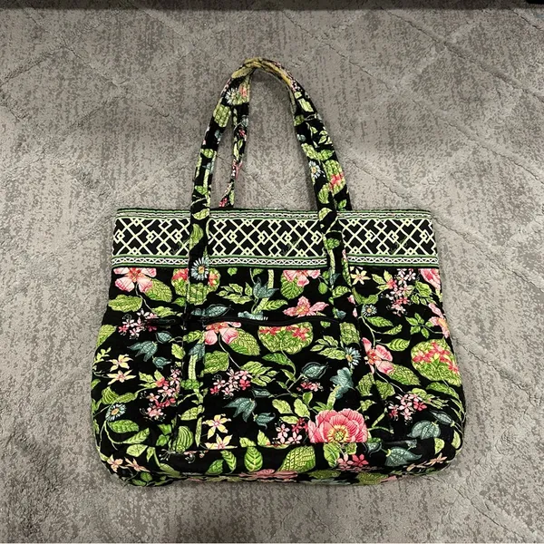 VERA BRADLEY Black Botanica Small Tic Tac Tote Shoulder Bag Purse AS IS - Image 6