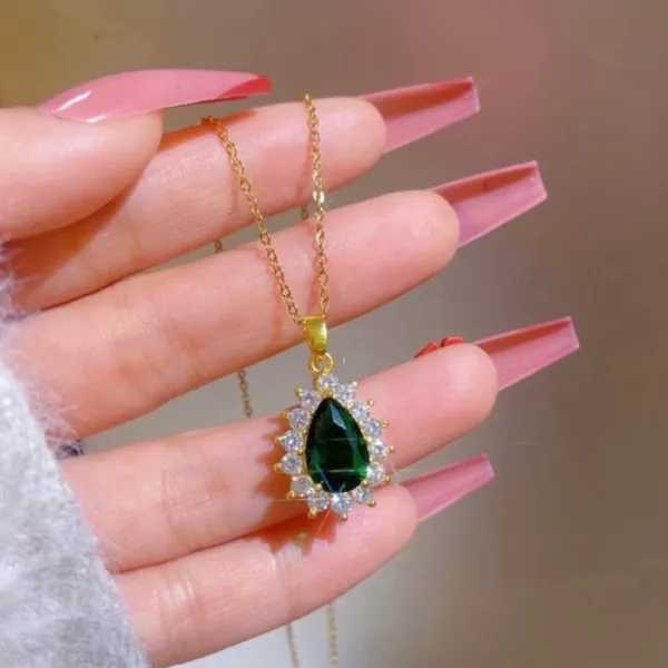 18K Gold Plated Crystal Teardrop Emerald Pendant Necklace for Women - Image 2