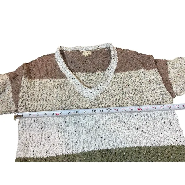POL Chunky Knit V-Neck Sweater S Colorblock Stripe Brown Green Slouchy Earthy - Image 6