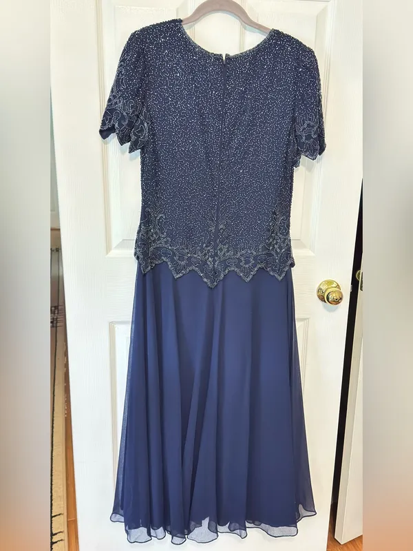 Laurence Kazar Navy Beaded Evening Dress Maxi Gown Sheer Overlay Formal M - Image 3