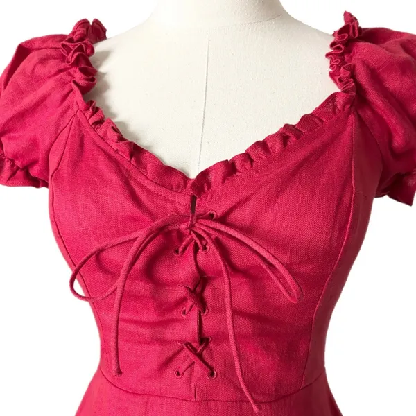 Reformation Klara 100% Linen Mini Dress Lipstick Red Lace-Up Puff Sleeve Size 2 - Image 2