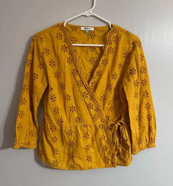 Madewell Mustard Yellow Eyelet Faux Wrap Shirt Size Small - Image 12