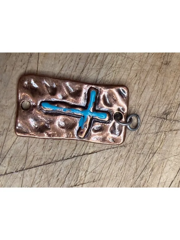 Turquoise-Inlaid Copper Cross Pendant With Rustic Textured Finish Handmade Recta - Image 4