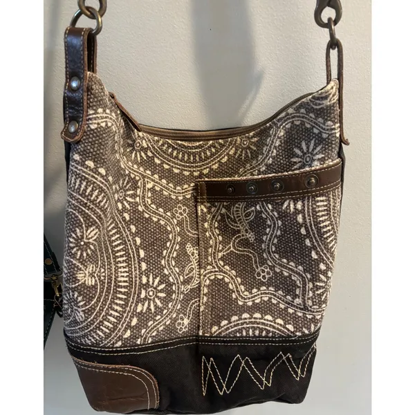 Myra Bag Canvas Leather Paisley Crossbody Shoulder Bag Boho Brown Gray - Image 2