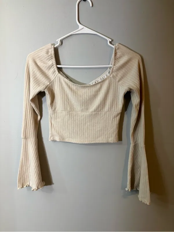 Altar'd State‎ Cream Ribbed Scoop-Neck Crop Top with Fluted Sleeves - Image 3