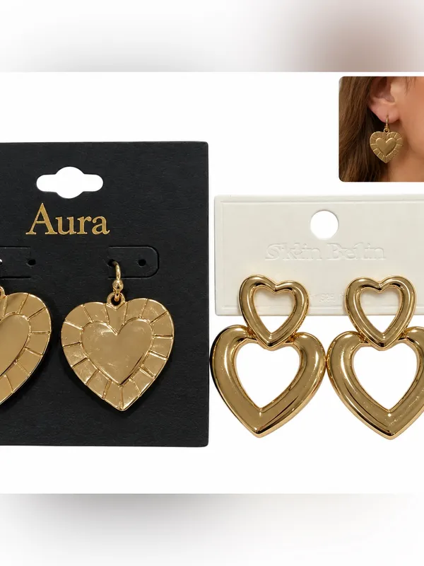 2 pair Aura Gold Heart Drop Earrings stainless steel dangle cute statement gift - Image 2