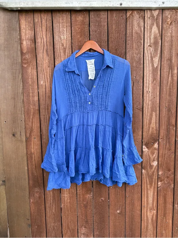 Free People One Boho Tiered Swing Gauzy Cotton Blouse - Image 2