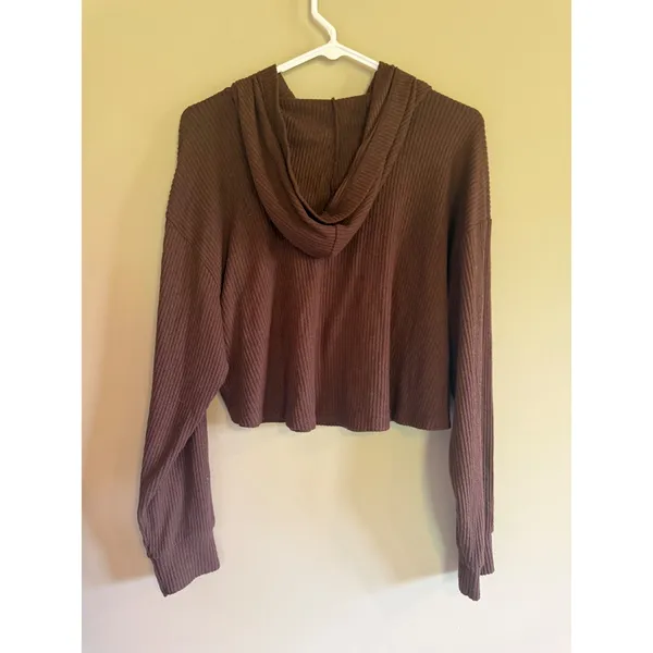 Hollister California Women Brown Ribbed Cropped Hoodie Sweatshirt‎ Small - Image 3