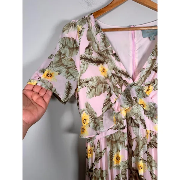 Skies Are Blue Maxi‎ Dress Women Small Pink Tropical Palm Floral Pleated Ruffle - Image 2