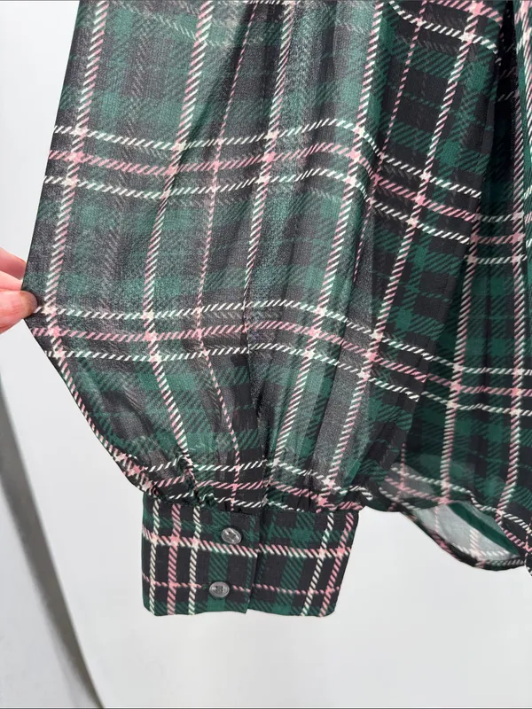 Ann Taylor sheer button front plaid puff sleeve top L professional office casual - Image 5