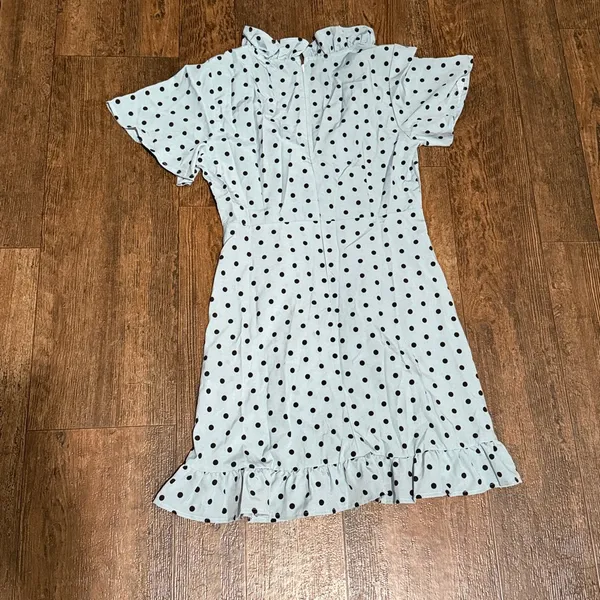 Blue and Black Ruffle Trim Wrap Detail Polka Dot Dress Medium - Image 4
