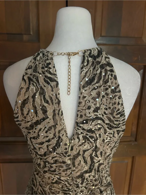 Xscape Size 6 Zebra Print Sequin‎ Halter Bodycon Cocktail Dress Gold Choker - Image 5