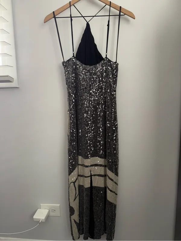 Farm Rio Anthropologie Medium Halter Sequin Midi Dress Black Tropical Resort - Image 3