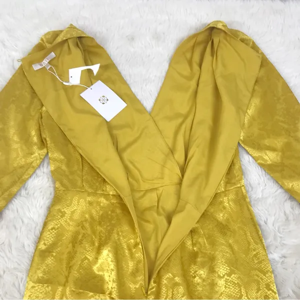 WAYF Yellow Gold Snake Print Long Sleeve Mini Dress Ruched Low Cut Large New‎ - Image 10