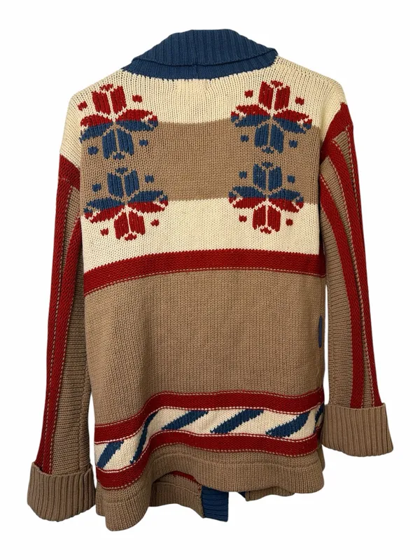 Vtg Sears Contemporary Corner Open-Front Shawl Cardigan Sweater Tan Red - Image 2