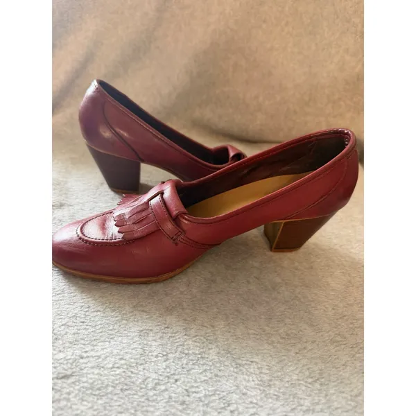 Bass Vintage Kiltie Loafer Pumps Womens 9 M Burgundy Leather Block Heel Fringe - Image 7