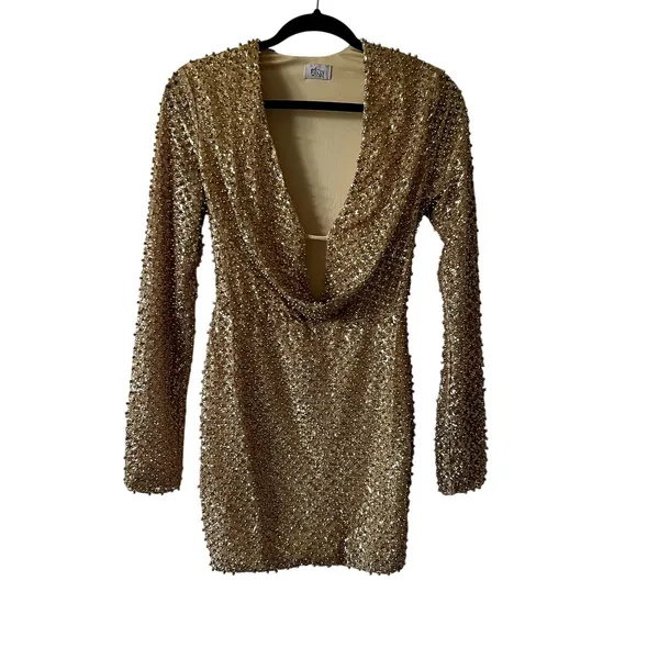 Oh Polly Arlowe Embellished Cowl-Neck Mini Dress in Gold Size 2 New - Image 5